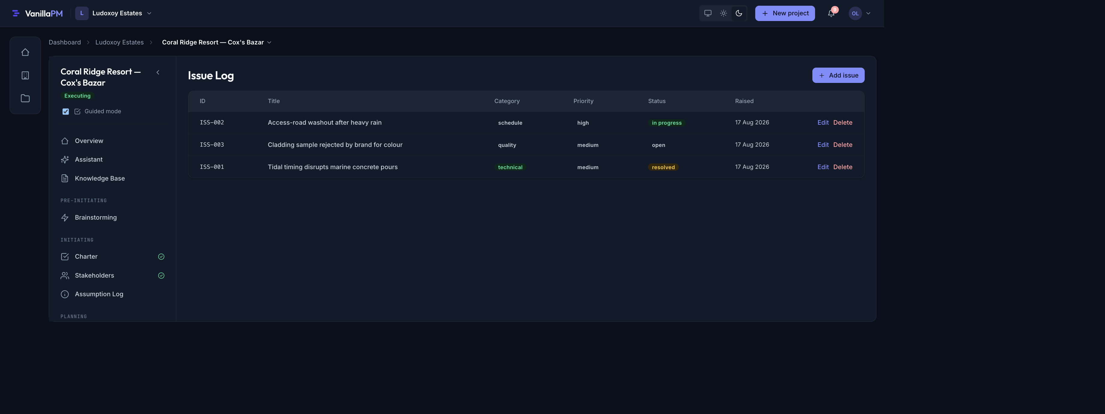 The issue log